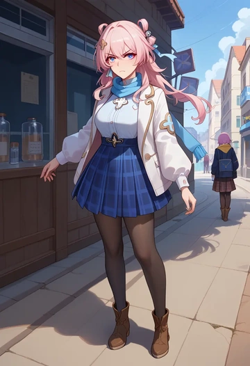 star rail,march 7th,winter,student uniform,down jacket  - AI generated anime art